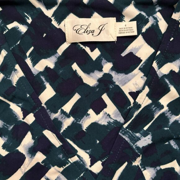 Eliza J Cap Sleeve Faux Wrap Belted Shirred Midi Dress Size 4 Green Blue White - Picture 9 of 10